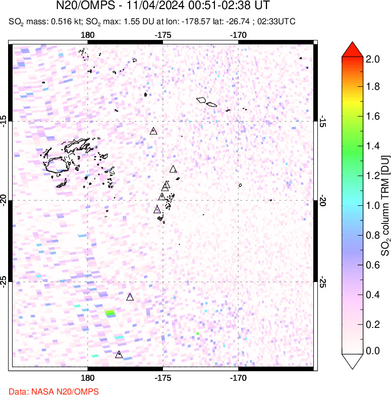 A sulfur dioxide image over Tonga, South Pacific on Nov 04, 2024.