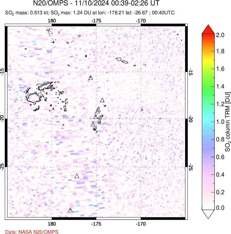 A sulfur dioxide image over Tonga, South Pacific on Nov 10, 2024.