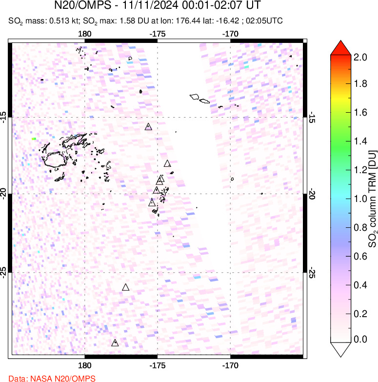 A sulfur dioxide image over Tonga, South Pacific on Nov 11, 2024.