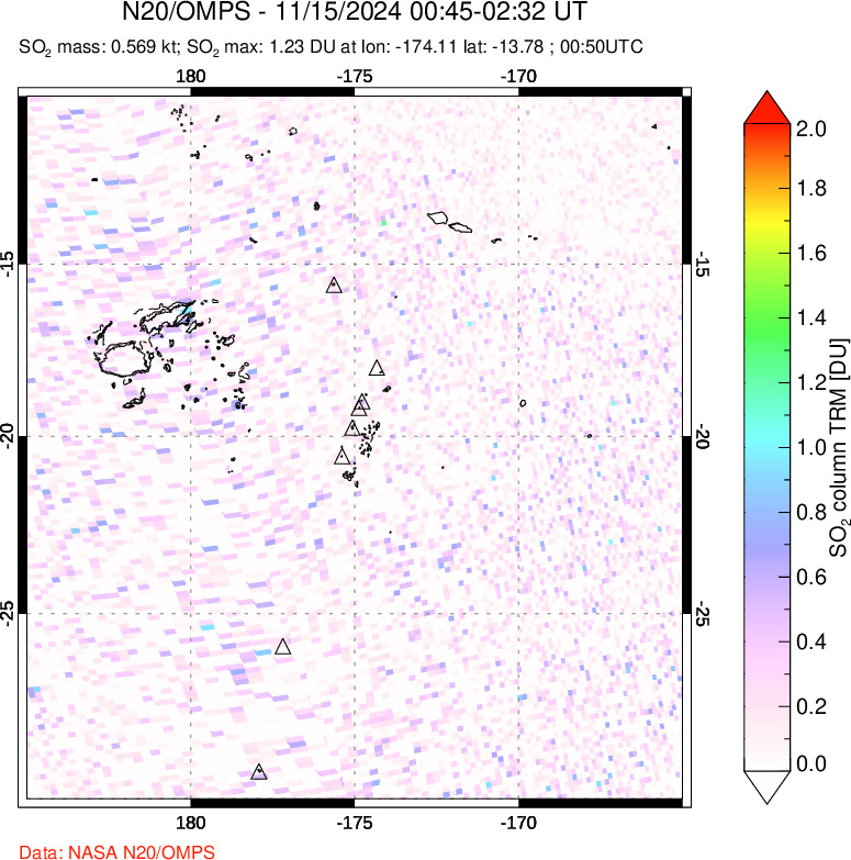 A sulfur dioxide image over Tonga, South Pacific on Nov 15, 2024.