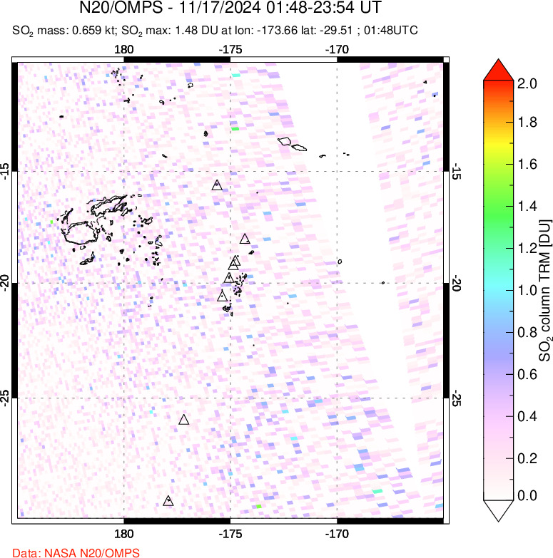 A sulfur dioxide image over Tonga, South Pacific on Nov 17, 2024.