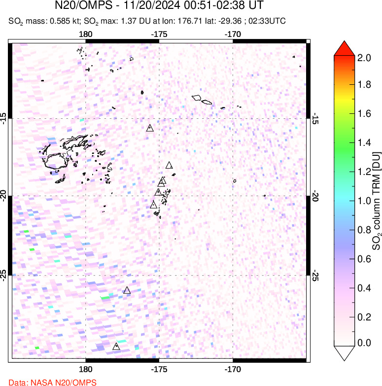 A sulfur dioxide image over Tonga, South Pacific on Nov 20, 2024.