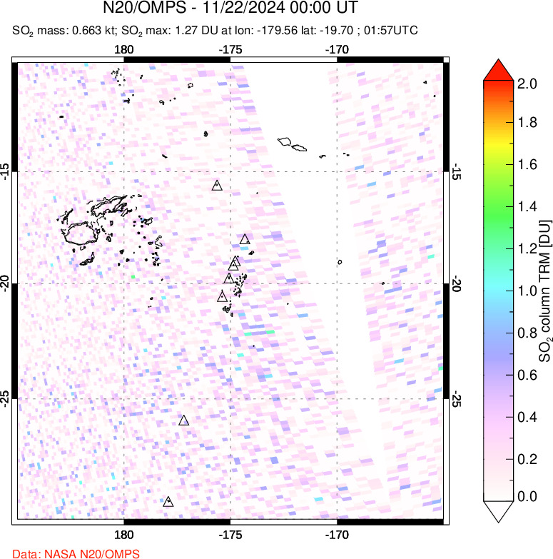 A sulfur dioxide image over Tonga, South Pacific on Nov 22, 2024.