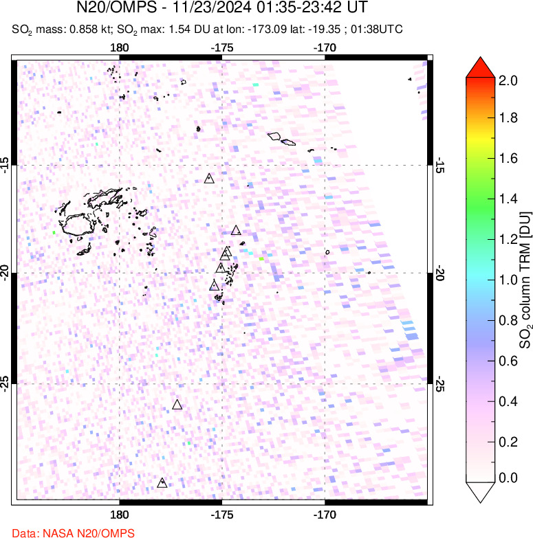 A sulfur dioxide image over Tonga, South Pacific on Nov 23, 2024.