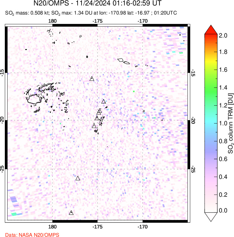 A sulfur dioxide image over Tonga, South Pacific on Nov 24, 2024.