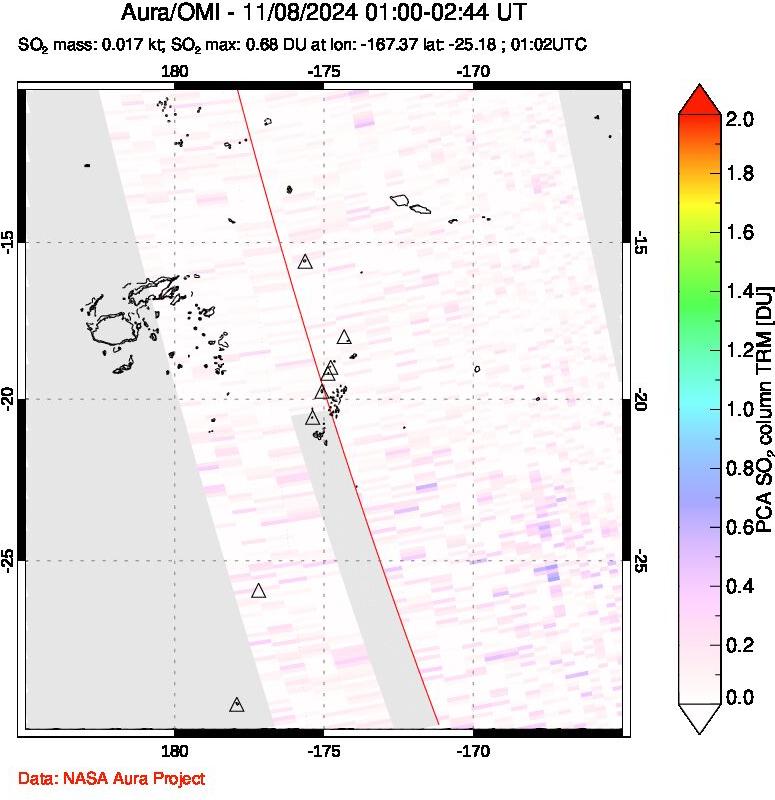 A sulfur dioxide image over Tonga, South Pacific on Nov 08, 2024.