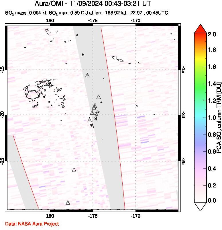 A sulfur dioxide image over Tonga, South Pacific on Nov 09, 2024.