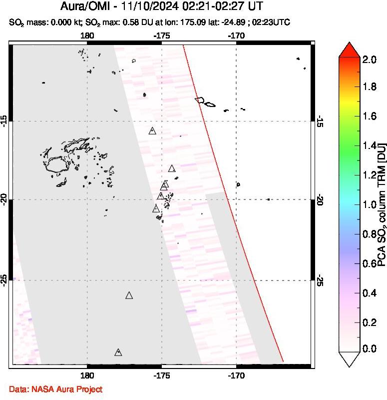 A sulfur dioxide image over Tonga, South Pacific on Nov 10, 2024.