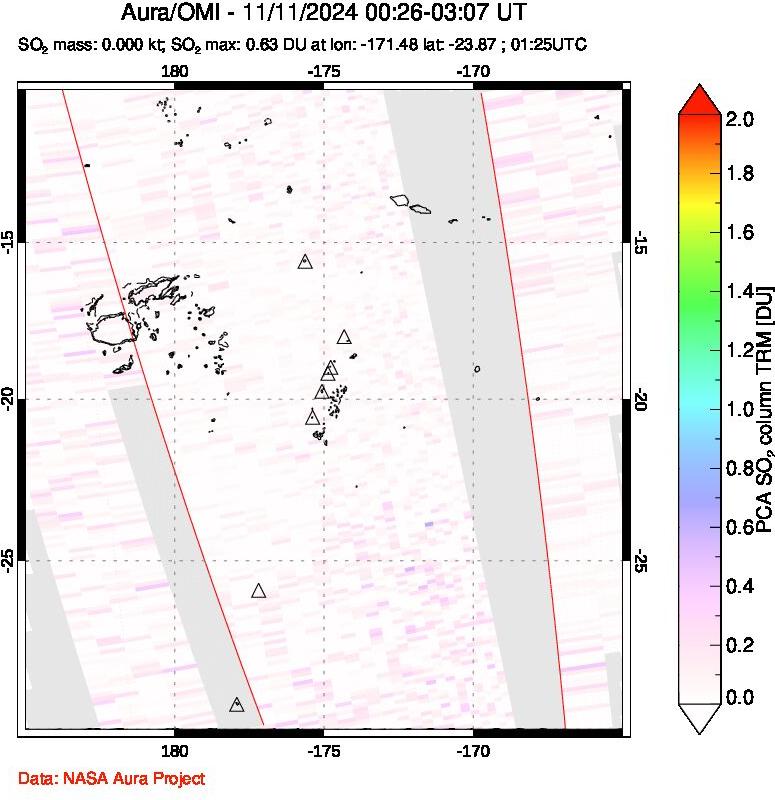 A sulfur dioxide image over Tonga, South Pacific on Nov 11, 2024.