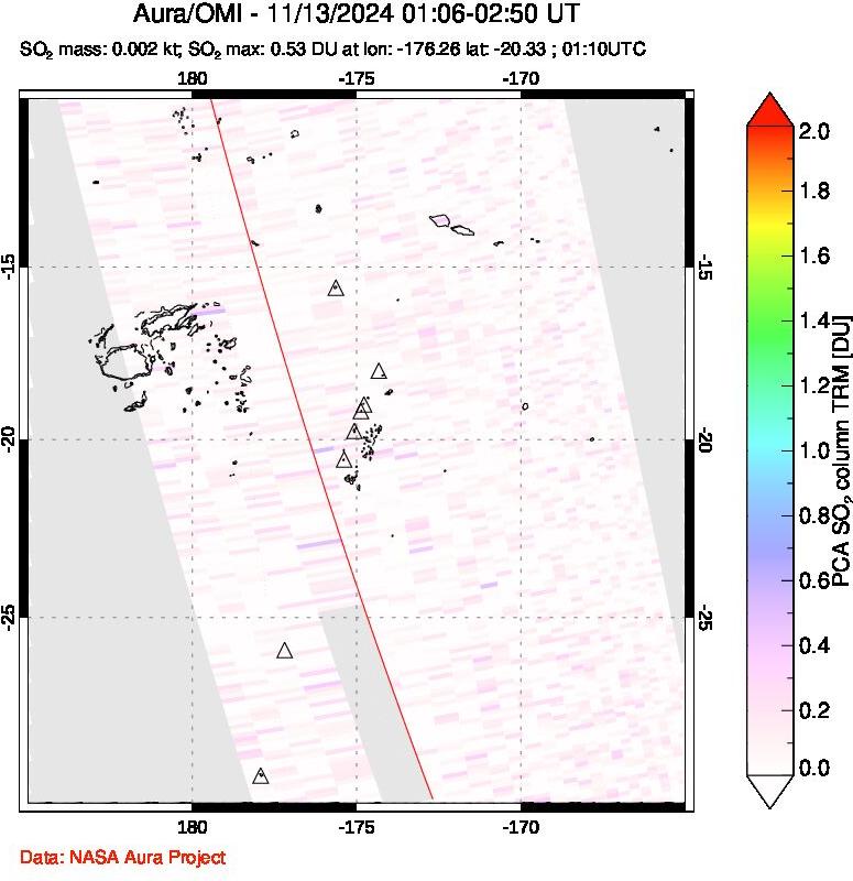 A sulfur dioxide image over Tonga, South Pacific on Nov 13, 2024.