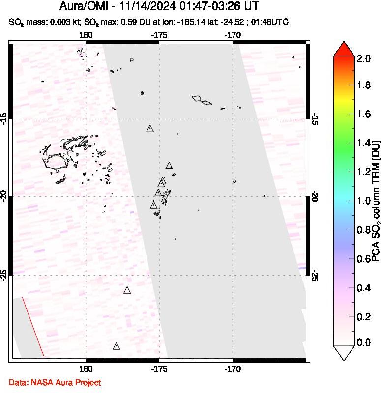 A sulfur dioxide image over Tonga, South Pacific on Nov 14, 2024.