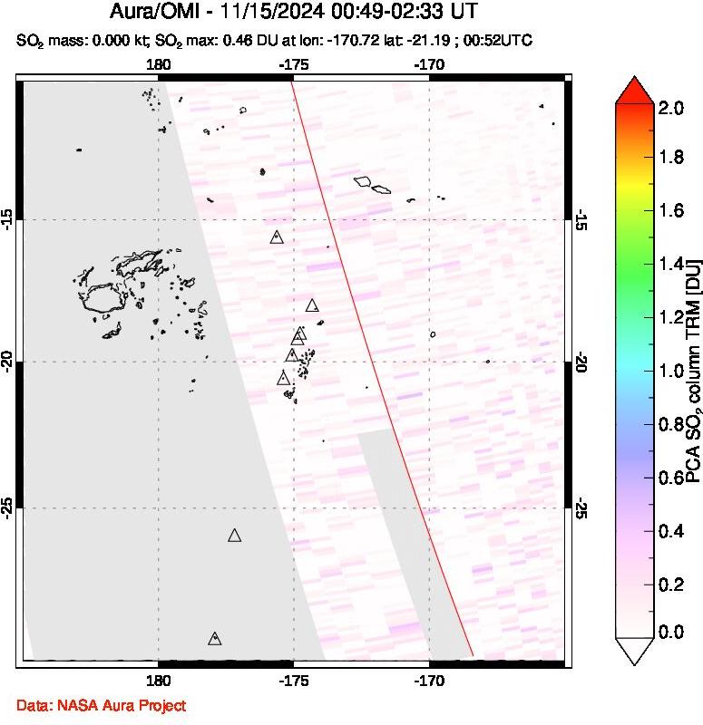 A sulfur dioxide image over Tonga, South Pacific on Nov 15, 2024.