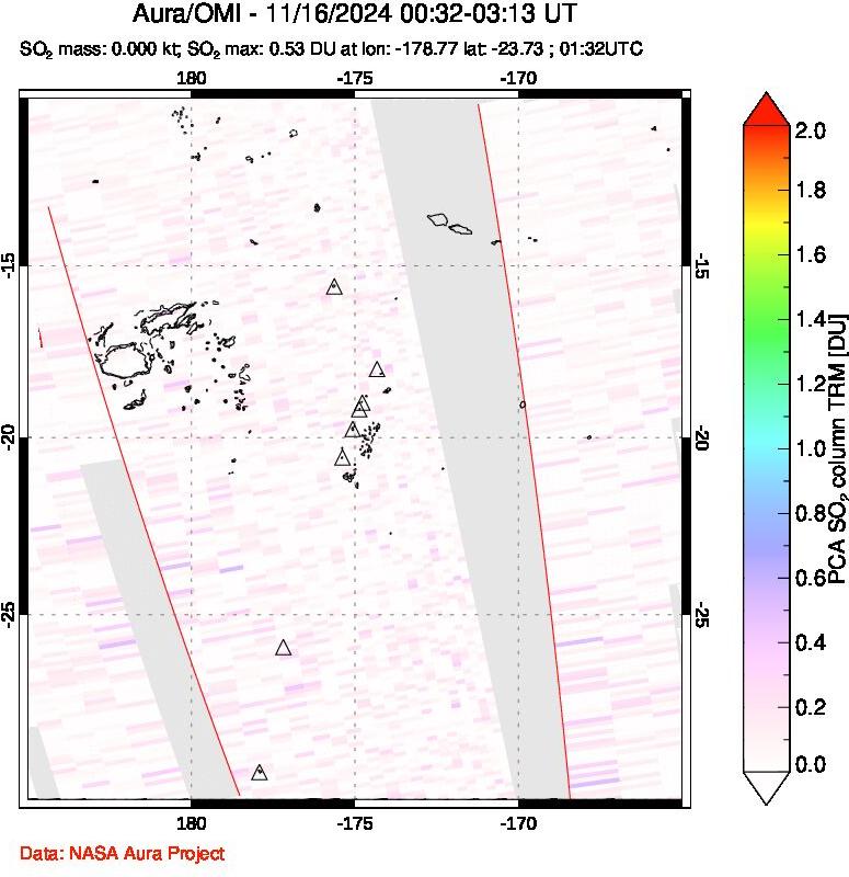 A sulfur dioxide image over Tonga, South Pacific on Nov 16, 2024.