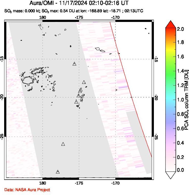 A sulfur dioxide image over Tonga, South Pacific on Nov 17, 2024.