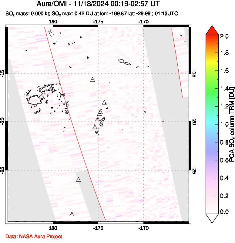 A sulfur dioxide image over Tonga, South Pacific on Nov 18, 2024.