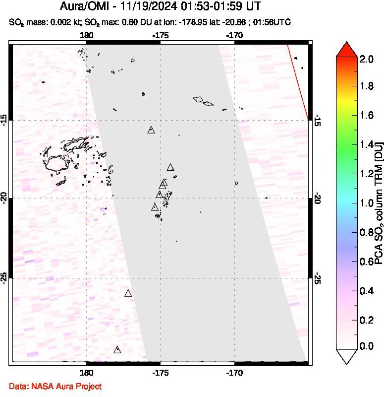 A sulfur dioxide image over Tonga, South Pacific on Nov 19, 2024.