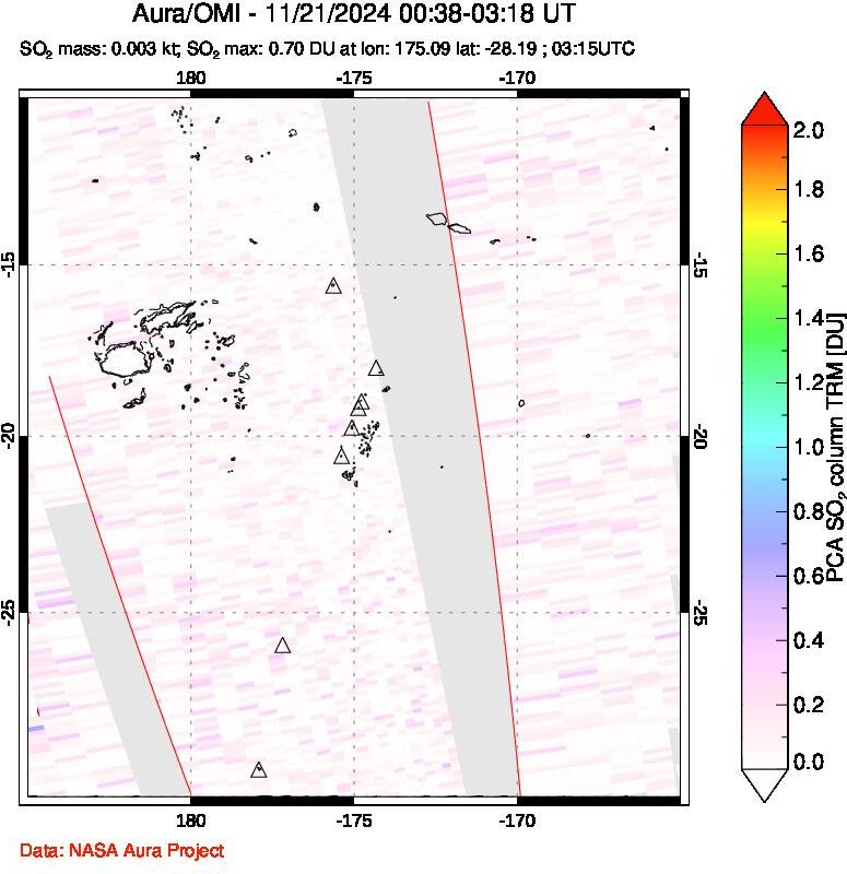 A sulfur dioxide image over Tonga, South Pacific on Nov 21, 2024.