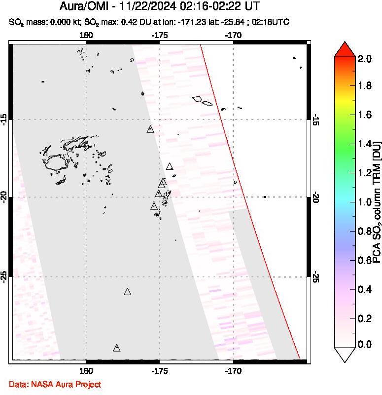 A sulfur dioxide image over Tonga, South Pacific on Nov 22, 2024.