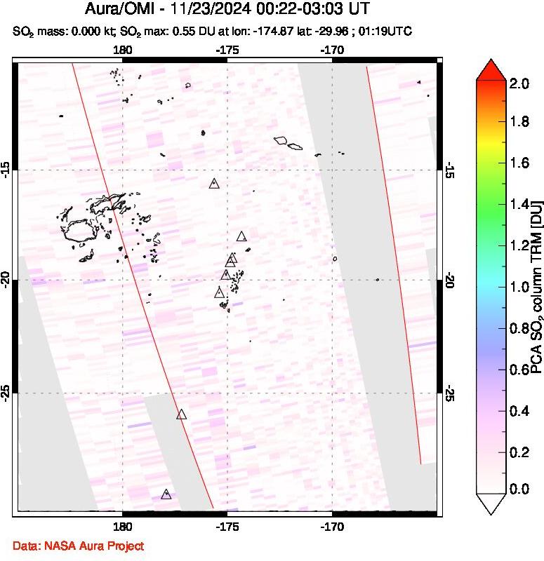 A sulfur dioxide image over Tonga, South Pacific on Nov 23, 2024.