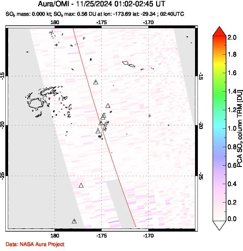 A sulfur dioxide image over Tonga, South Pacific on Nov 25, 2024.