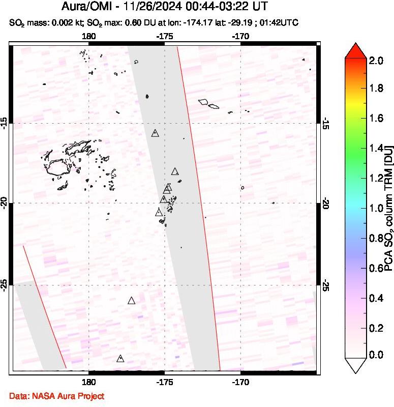 A sulfur dioxide image over Tonga, South Pacific on Nov 26, 2024.