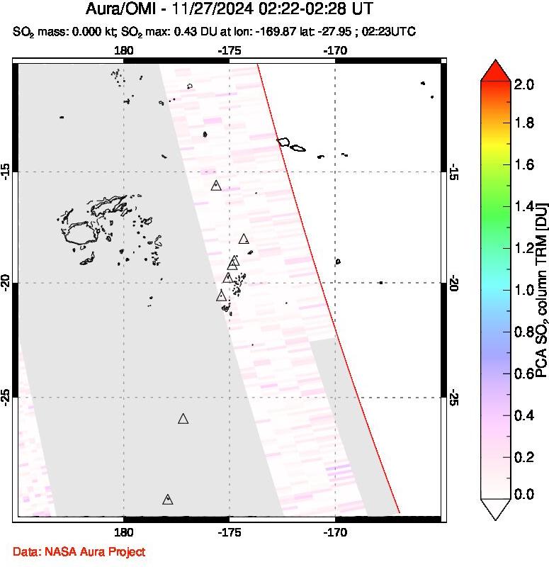 A sulfur dioxide image over Tonga, South Pacific on Nov 27, 2024.