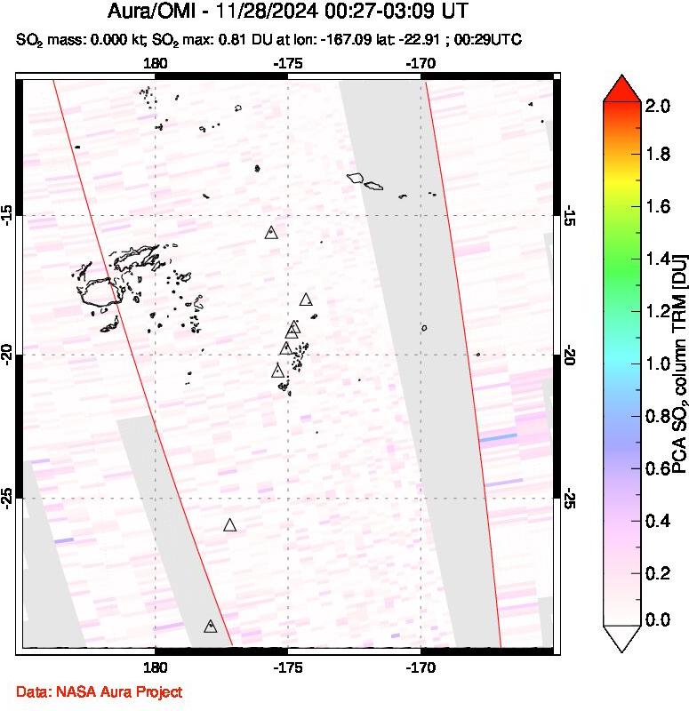 A sulfur dioxide image over Tonga, South Pacific on Nov 28, 2024.