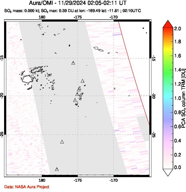 A sulfur dioxide image over Tonga, South Pacific on Nov 29, 2024.