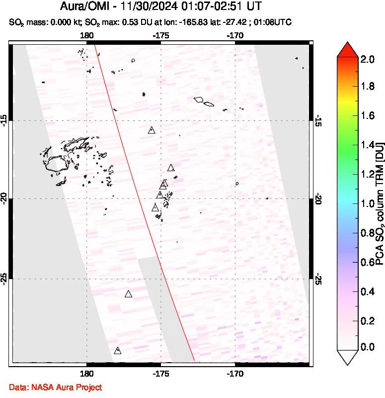 A sulfur dioxide image over Tonga, South Pacific on Nov 30, 2024.