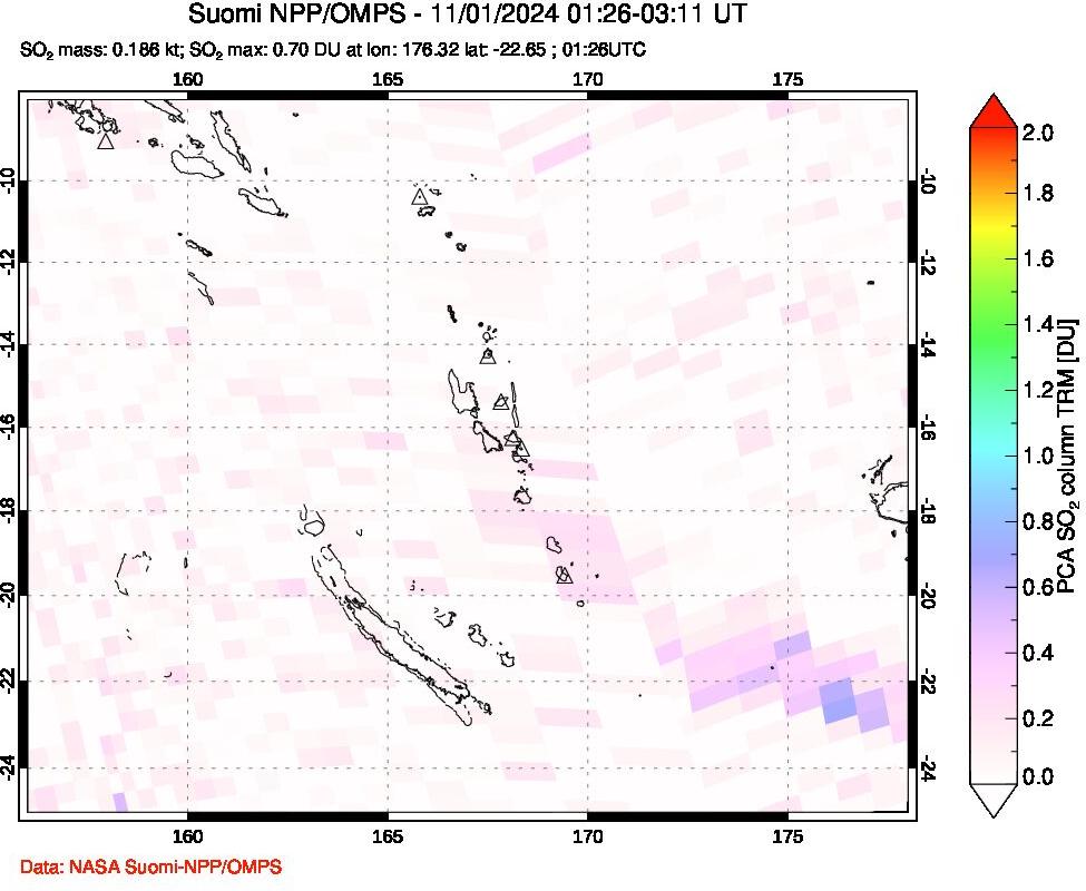 A sulfur dioxide image over Vanuatu, South Pacific on Nov 01, 2024.