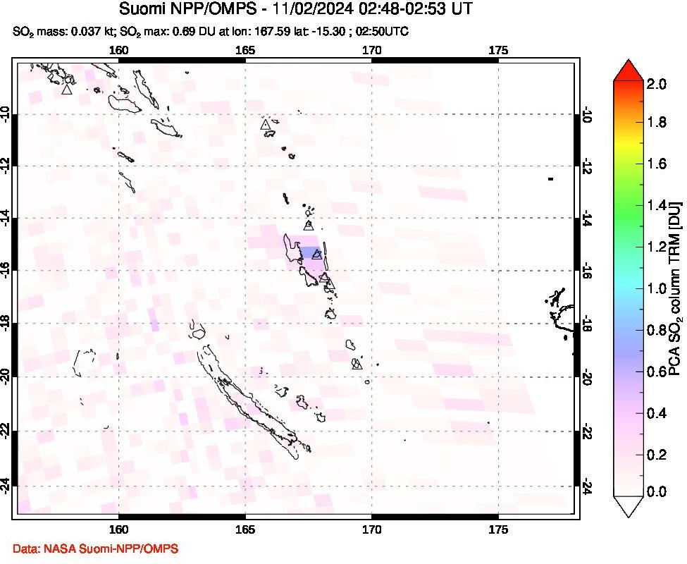 A sulfur dioxide image over Vanuatu, South Pacific on Nov 02, 2024.