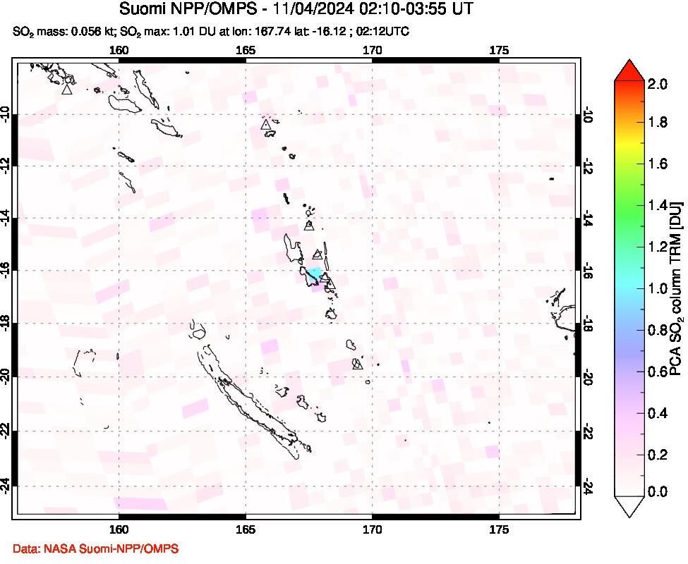 A sulfur dioxide image over Vanuatu, South Pacific on Nov 04, 2024.