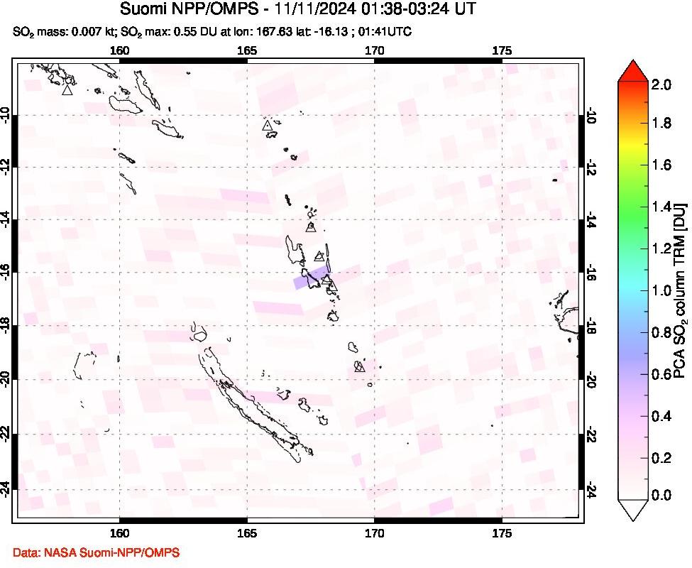 A sulfur dioxide image over Vanuatu, South Pacific on Nov 11, 2024.