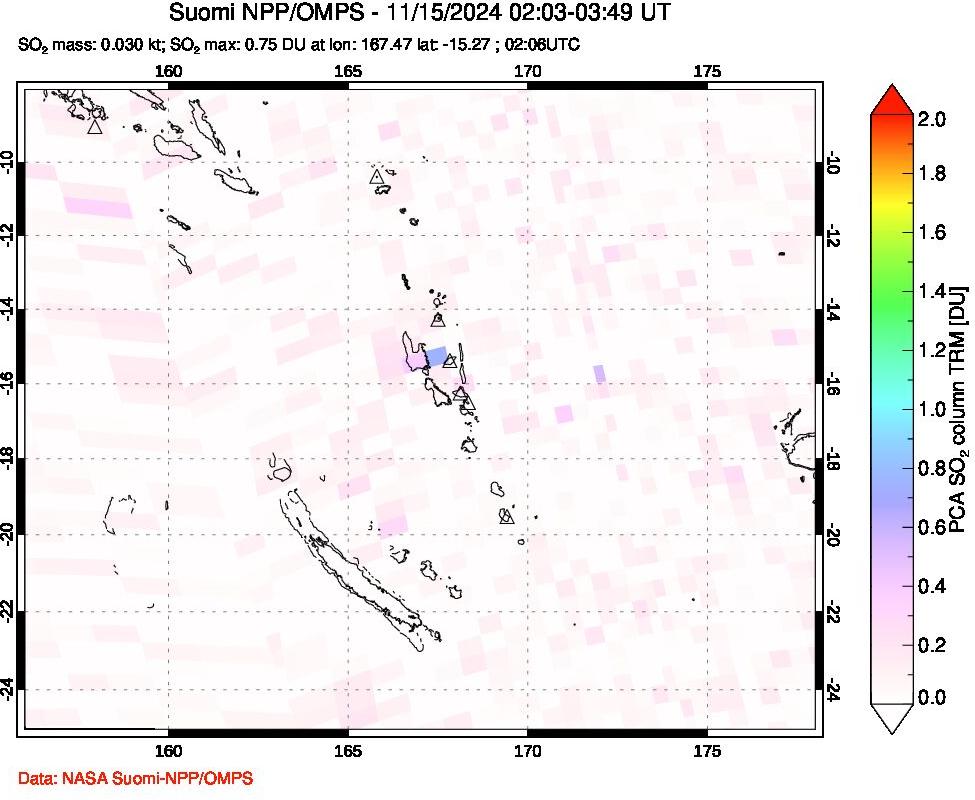 A sulfur dioxide image over Vanuatu, South Pacific on Nov 15, 2024.