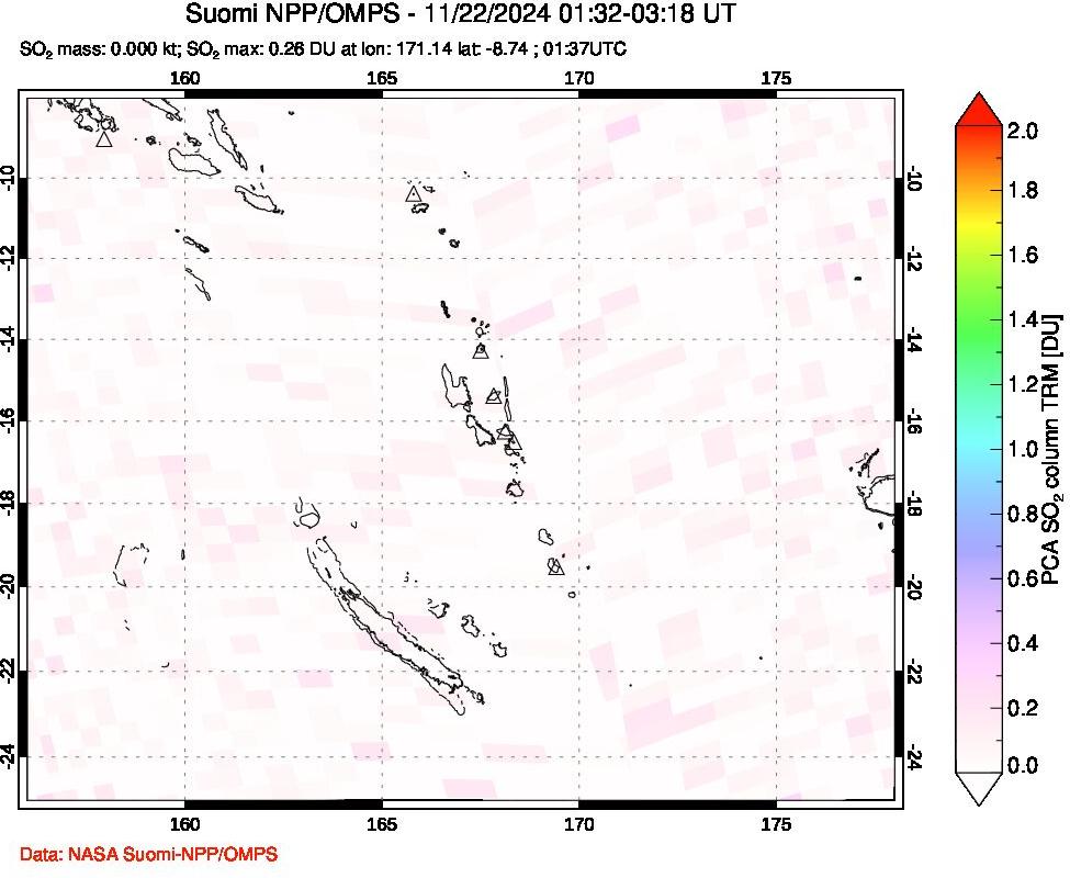 A sulfur dioxide image over Vanuatu, South Pacific on Nov 22, 2024.