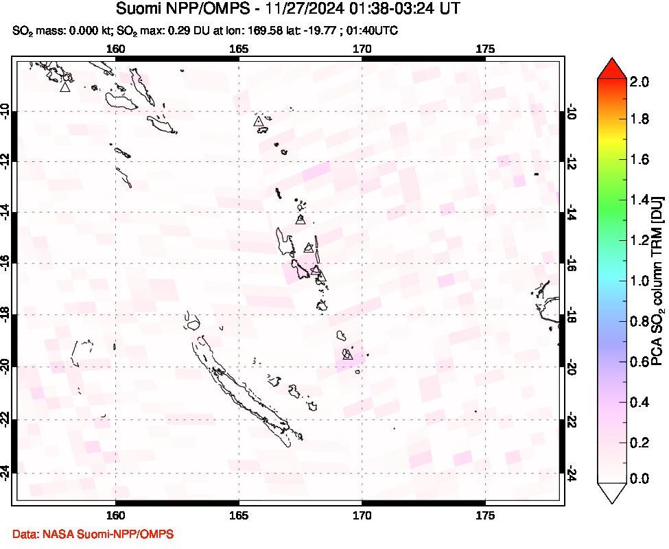 A sulfur dioxide image over Vanuatu, South Pacific on Nov 27, 2024.