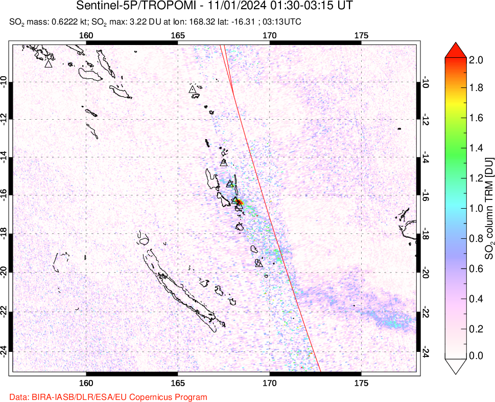 A sulfur dioxide image over Vanuatu, South Pacific on Nov 01, 2024.