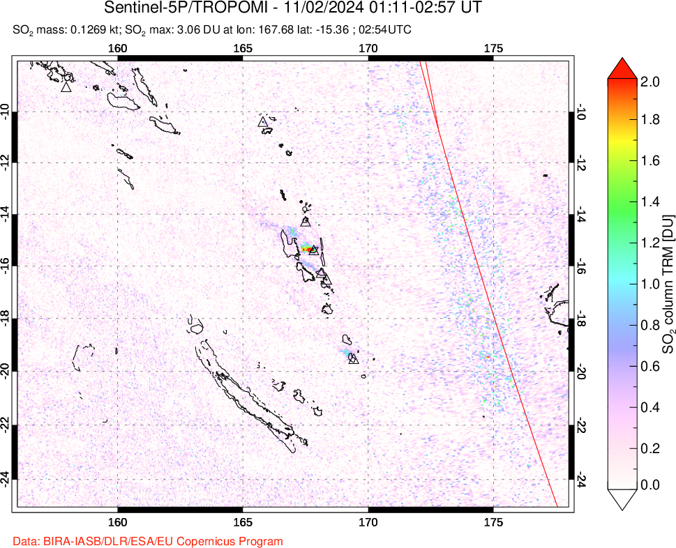 A sulfur dioxide image over Vanuatu, South Pacific on Nov 02, 2024.