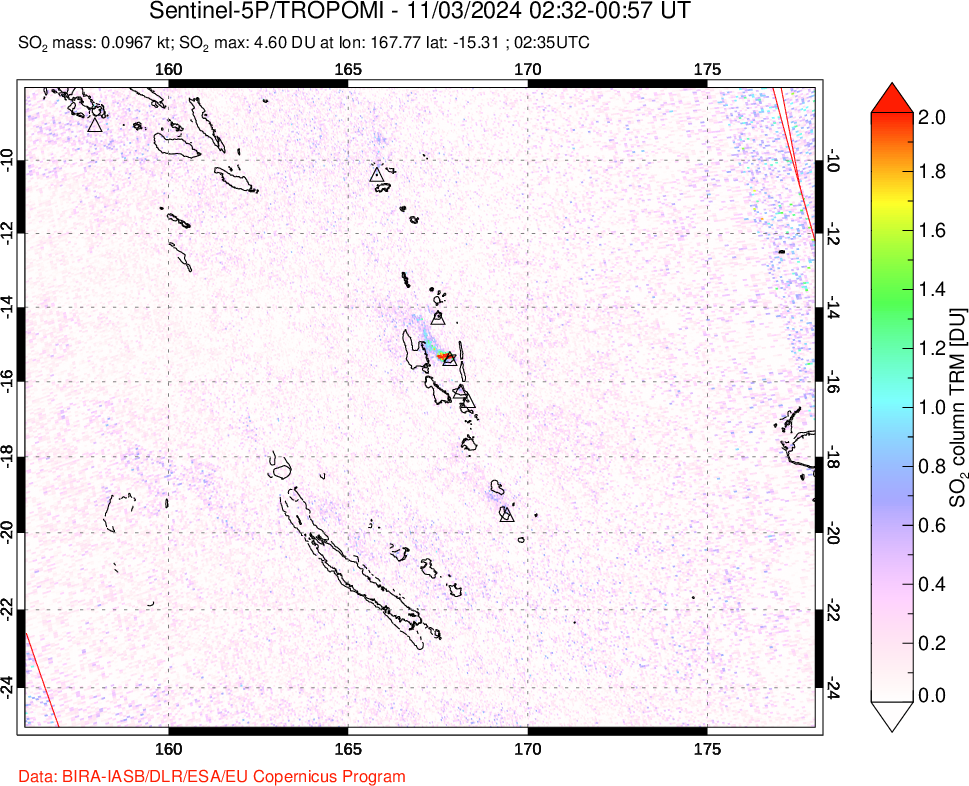 A sulfur dioxide image over Vanuatu, South Pacific on Nov 03, 2024.