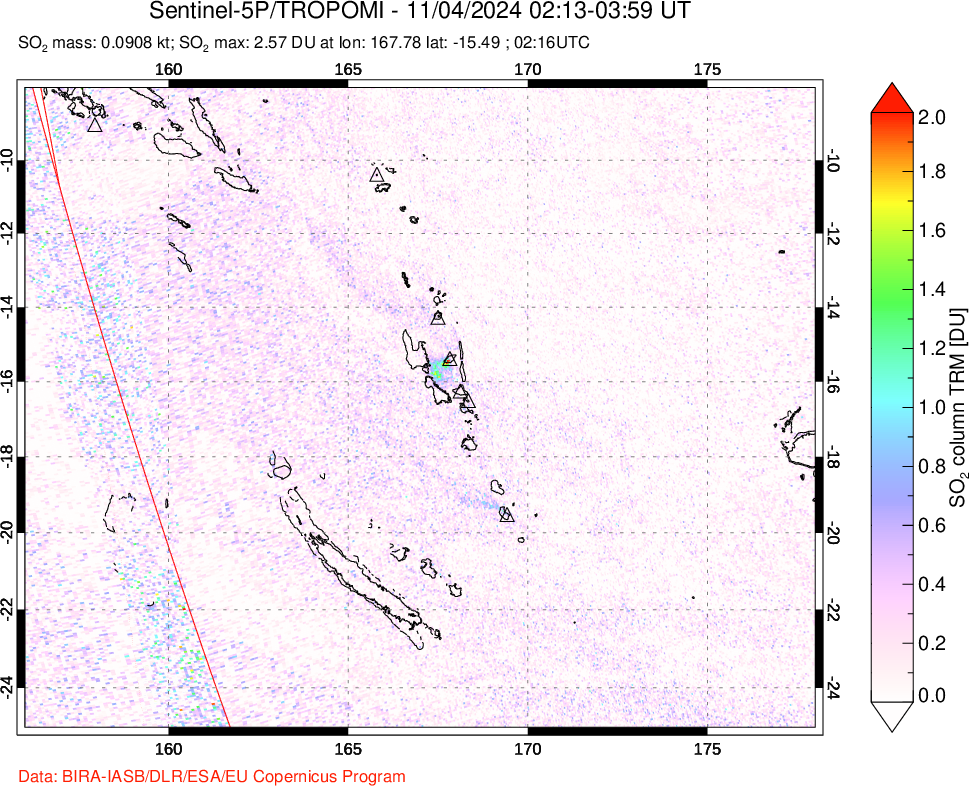 A sulfur dioxide image over Vanuatu, South Pacific on Nov 04, 2024.