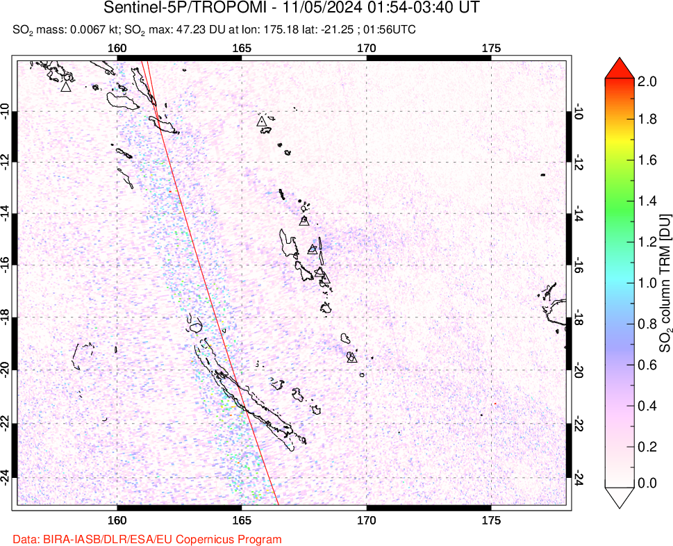 A sulfur dioxide image over Vanuatu, South Pacific on Nov 05, 2024.