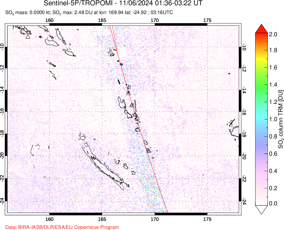 A sulfur dioxide image over Vanuatu, South Pacific on Nov 06, 2024.