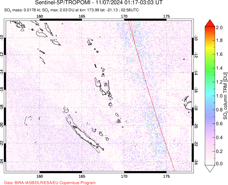 A sulfur dioxide image over Vanuatu, South Pacific on Nov 07, 2024.