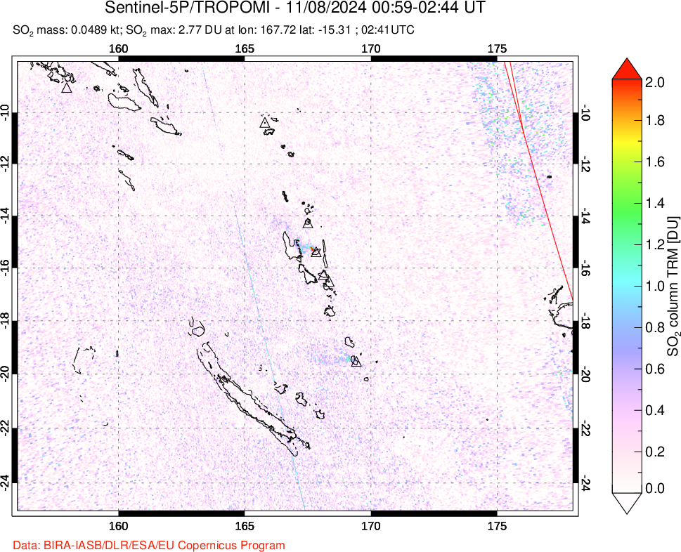 A sulfur dioxide image over Vanuatu, South Pacific on Nov 08, 2024.