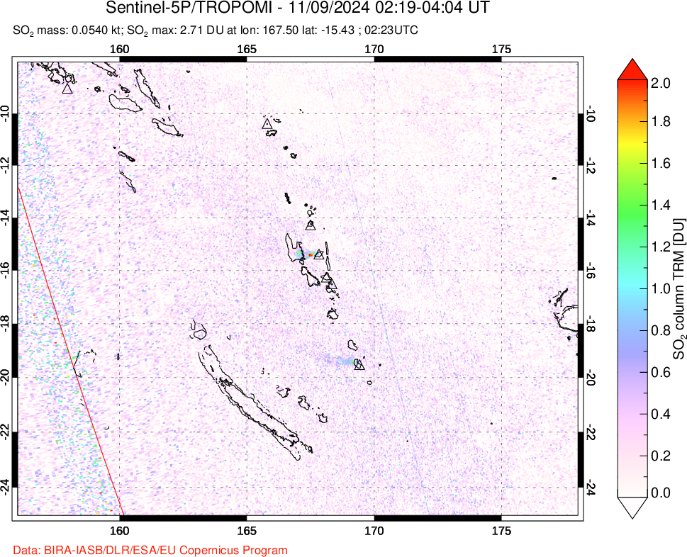 A sulfur dioxide image over Vanuatu, South Pacific on Nov 09, 2024.