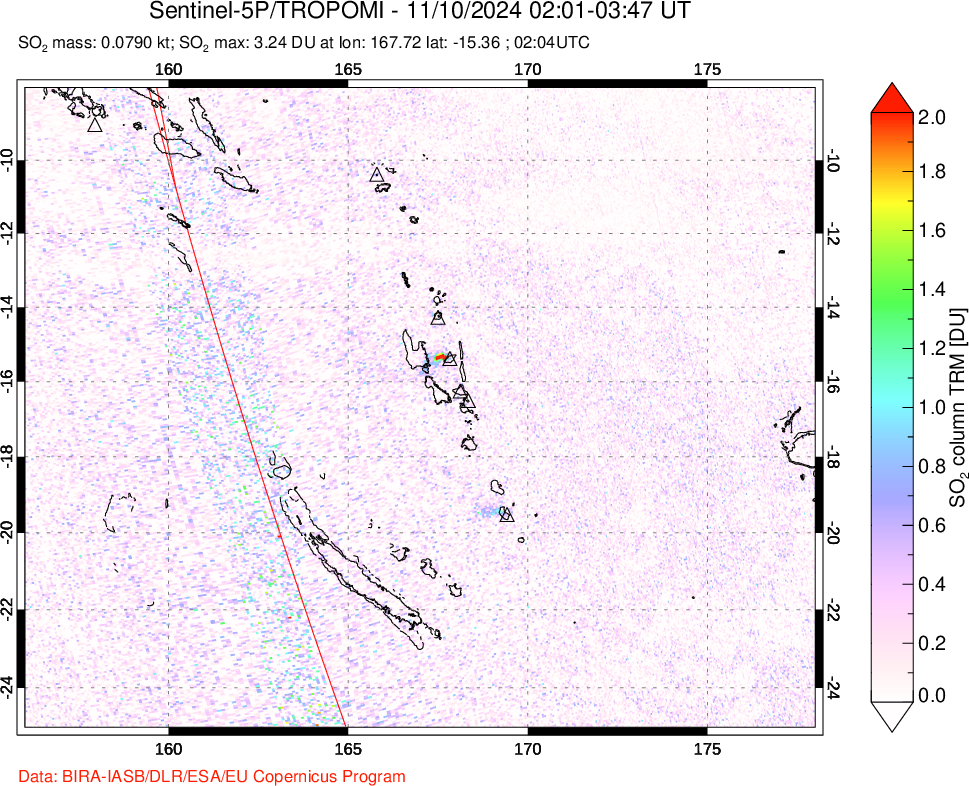 A sulfur dioxide image over Vanuatu, South Pacific on Nov 10, 2024.