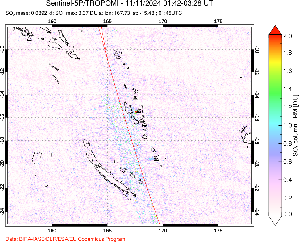 A sulfur dioxide image over Vanuatu, South Pacific on Nov 11, 2024.