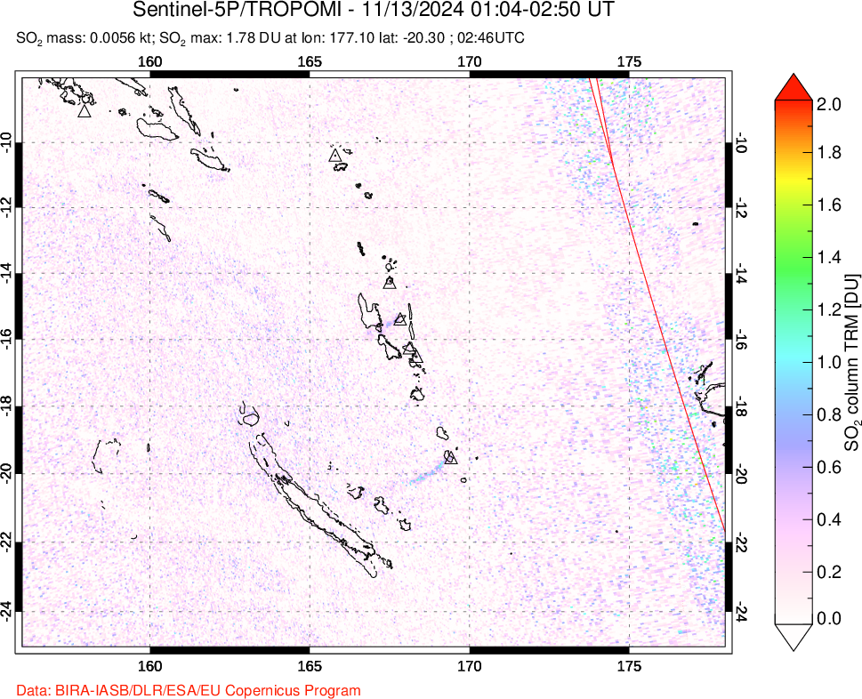 A sulfur dioxide image over Vanuatu, South Pacific on Nov 13, 2024.