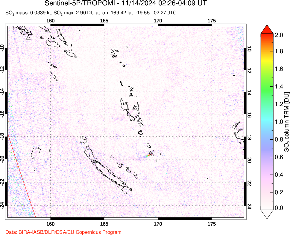 A sulfur dioxide image over Vanuatu, South Pacific on Nov 14, 2024.