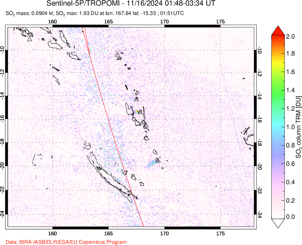 A sulfur dioxide image over Vanuatu, South Pacific on Nov 16, 2024.